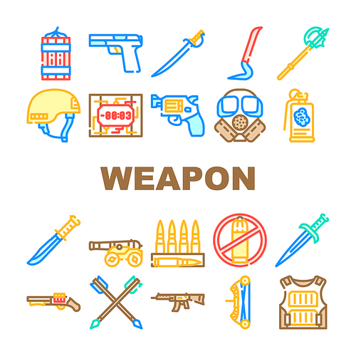 Weapon Military Army Equipment Icons Set Vector. Bow And Arrow For Aiming, Revolver And Handgun, Rifle And Gun Weapon, Bullet And Helmet Line. Knife And Sword, Grenade And Dynamite Color Illustrations
