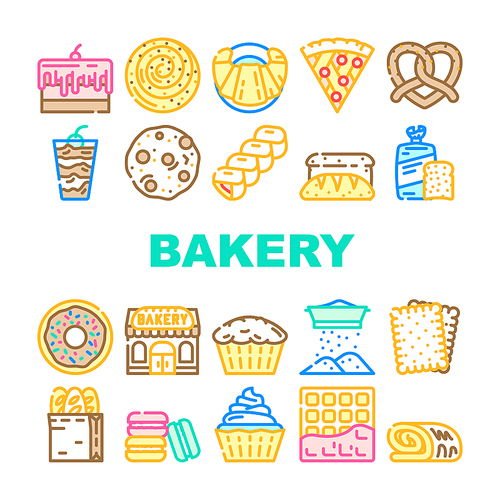 Bakery Delicious Dessert Food Icons Set Vector. Bakery Pretzel And Cake Pie With Cherry And Cream, Creamy Muffin And Donut, Pastry Bun And Bread Toast Line. Sweet Nutrition Color Illustrations