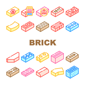 Brick For Building Construction Icons Set Vector. Refractory And Defective Brick, Handmade And Facing Of Building Exterior, Old And Damaged Line. Cement And Silicate Material Color Illustrations