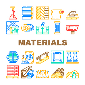 Building Materials And Supplies Icons Set Vector. Brick And Sand, Lumber And Plywood, Flooring And Roof Building Materials Line. Kitchen And Bath Cabinets Furniture Color Illustrations
