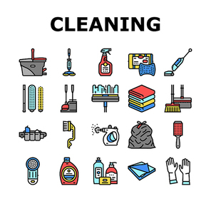 Cleaning And Washing Accessories Icons Set Vector. Vacuum Cleaner And Clothes Cleaning Electronic Equipment, Scoop And Broom, Napkin And Towel For Clean Window Line. Color Illustrations