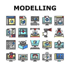 3d Modelling Software And Device Icons Set Vector. 3d Modelling Computer Program For Interior Visualization And Architecture Exterior, Scanning And Printing Line. Color Illustrations