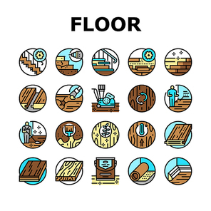 Hardwood Floor And Stair Renovate Icons Set Vector. Hardwood Floor Restoration And Installation, Parquet Varnish And Plinth Line. Cleaning And Repairing Service Color Illustrations