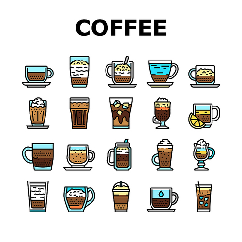 Coffee Types Energy Morning Drink Icons Set Vector. Espresso And Cappuccino, Macchiato And Latte, Americano And Chocolate Coffee Types Line. Caffeine Hot Beverage Color Illustrations
