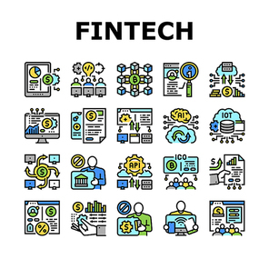 Fintech Financial Technology Icons Set Vector. Hackathon Fintech Development And Blockchain, Crowdfunding And Investment Finance Business Line. Digital Money Earning Color Illustrations