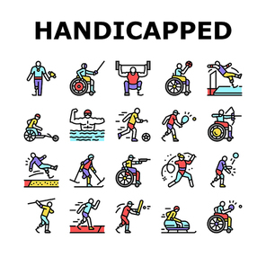 Handicapped Athlete Sport Game Icons Set Vector. Basketball And Volleyball Playing Handicapped Athlete, Sportsman Swimming And Running, Play Tennis And Soccer Line. Color Illustrations