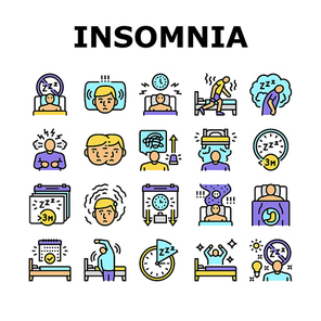 Insomnia Person Chronic Problem Icons Set Vector. Remaining Passively Awake And Difficulty Falling Asleep At Night, Insomnia Stimulus Control And Light Therapy Line. Color Illustrations