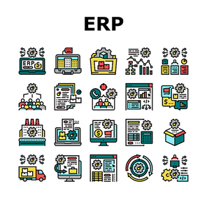 Erp Enterprise Resource Planning Icons Set Vector. Erp Manufacturing Processing And Production, Planning Strategy And Management Tasks, Development Software And App Line. Color Illustrations