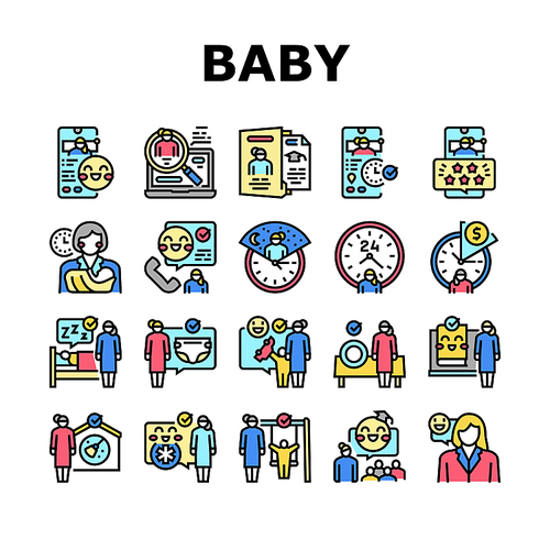 Baby Sitting Work Occupation Icons Set Vector. Woman Babysitter Baby Sitting And Playing Games With Child, Education Courses And Teaching Kid, Night And Hourly Time Line. Color Illustrations