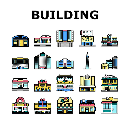 Building Restaurant And Store Icons Set Vector. Warehouse Construction And Office Skyscraper, Cinema And Gift Shop Building, Gas Petroleum Station And Tower Line. Color Illustrations
