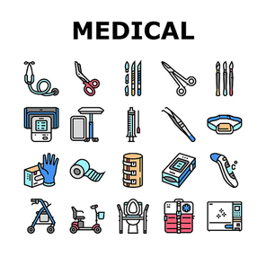 Medical Instrument And Equipment Icons Set Vector. Thermometer And Scalpel, Knife And Scissors, Sticking Plaster Roll And Bandage Medical Instrument And Tool Line. Color Illustrations