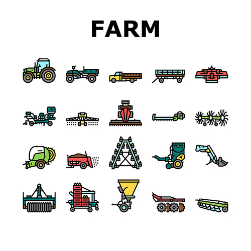 Farm Equipment And Transport Icons Set Vector. Baler And Manure Spreader, Hydroponic And Transplanter Machinery Farm Equipment Line. Tractor And Truck Farmland Car Color Illustrations