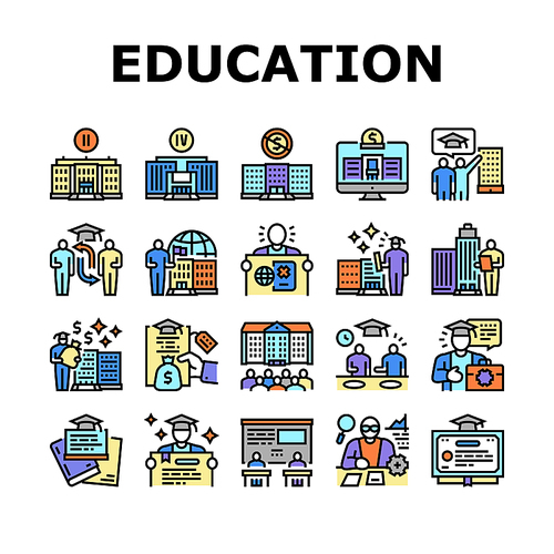 Higher Education And Graduation Icons Set Vector. Two And Four Year Higher Education In College And University, Private Profit Institution And International Admission Line. Color Illustrations