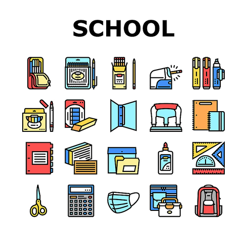 School Supplies Stationery Tools Icons Set Vector. Pencil And Market Package, Ruler And Scissors, Calculator Electronic Device And Backpack School Supplies Line. Color Illustrations