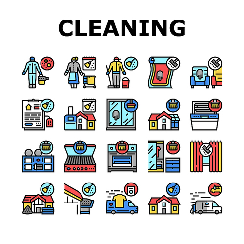Cleaning Building And Equipment Icons Set Vector. Regular Cleaning Apartment And House Room, Bbq And Grill Kitchen Tool, Clean Carpet And Curtains With Appliance Line. Color Illustrations