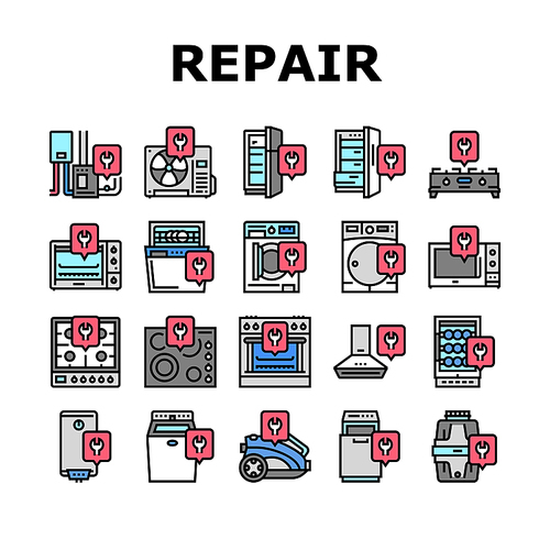 Appliances Repair Maintenance Icons Set Vector. Broken Refrigerator And Freezer, Air Conditioner And Wine Cooler Domestic Appliances Repair Service Line. Fixing Equipment Color Illustrations