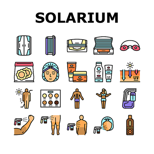 Solarium Salon Tanning Service Icons Set Vector. Disposable Protective Cap And Glasses, Horizontal And Vertical Solarium Cabin, Suntan And Sun Protect Cream Packages Line. Color Illustrations