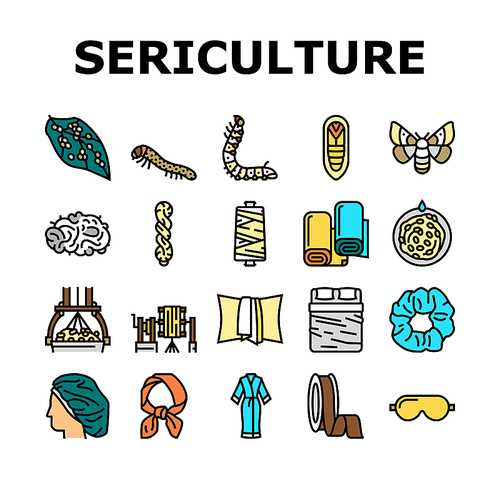 Sericulture Production Business Icons Set Vector. Hatchlings And Larvae Silkworm, Silk Neck Scarf And Ribbon, Pillowcase And Bed Fabric Sheets Line. Thread Wheel And Fiber Color Illustrations