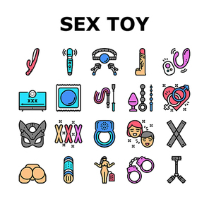 Sex Toy And Sexy Accessories Icons Set Vector. Vagina And Penis, Vibrator And Dildo Anal And Vaginal Masturbation Sex Toy, Handcuff And Ring, Facial Mask And Condom Line. Color Illustrations