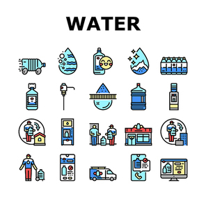 Water Delivery Service Business Icons Set Vector. Water Delivery Service Worker Delivering Drink At Home And Office, Online Ordering In Smartphone Application And On Web Site Line. Color Illustrations