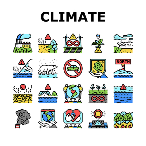 Climate Change And Eco Problem Icons Set Vector. Nature Care Day And Conservation World, Desertification And Renewable Energy, Climate Change And Glacier Melt Line. Color Illustrations