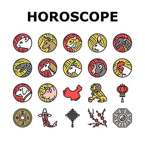 Chinese Horoscope And Accessory Icons Set Vector. Rabbit And Monkey, Goat And Snake, Dragon And Horse Chinese Horoscope Animal Line. Lantern And Plum Tree Branch Color Illustrations