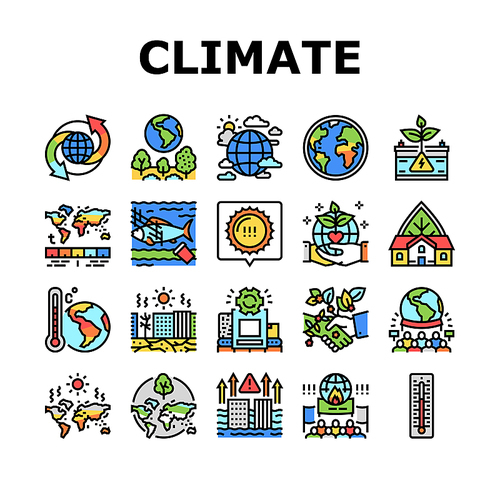 Climate Change And Environment Icons Set Vector. Climate Change And Pollution Water, Globe Temperature And Hot Weather, People Save Nature And Ecology Protest Line. Color Illustrations