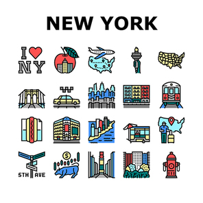 New York American City Landmarks Icons Set Vector. Square And 5th Avenue, Central Park And Broadway, Manhattan And Brooklyn Bridge Line. Subway And Taxi Cab Urban Transport Color Illustrations