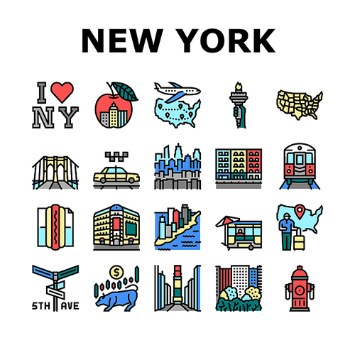 New York American City Landmarks Icons Set Vector. Square And 5th Avenue, Central Park And Broadway, Manhattan And Brooklyn Bridge Line. Subway And Taxi Cab Urban Transport Color Illustrations