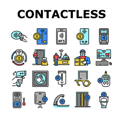 Contactless System Technology Icons Set Vector. Contactless Payment With Card And Smartphone Nfc At Pos Terminal, Faucet And Antiseptic Dispenser, Elevator And Toilet Line. Color Illustrations
