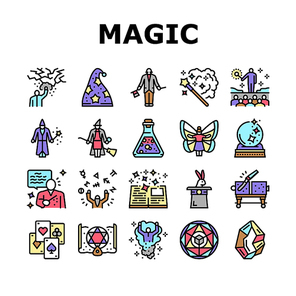 Magic Performing And Accessories Icons Set Vector. Rabbit In Hat Illusionist Magic Focus And Show, Crystal And Book, Card And Sphere, Potion Liquid And Fairy Line. Color Illustrations