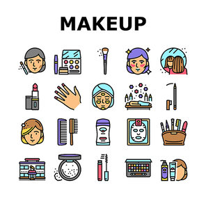 Makeup Cosmetology Procedure Icons Set Vector. Lipstick And Brush, Mascara And Powder Fashion Makeup Accessory, Eyebrow And Facial Cosmetic Line. Spa Salon Treatment Color Illustrations