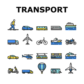 Transport For Riding And Flying Icons Set Vector. Train And Car, Bus And Motorcycle, Air Balloon And Aircraft Transport Line. Cargo Truck And Helicopter, Subway Metro And Tram Color Illustrations