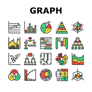 Graph For Analyzing And Research Icons Set Vector. Hierarchy And Binary Decision Diagram, Bar And Line Graph, Radar And Stacked Area Chart Line. Pareto And Venn Infographic Color Illustrations