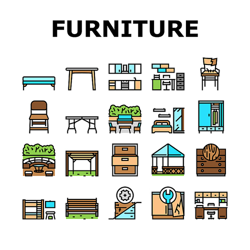 Furniture For Home And Backyard Icons Set Vector. Dinning And Folding Table, Kitchen And Bedroom Furniture, Wardrobe And Cabinet, Repair Old Broken Chair And Bench Line. Color Illustrations