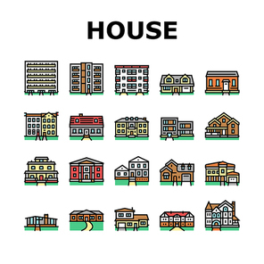 House Architectural Exterior Icons Set Vector. Cape Cod And Condo, Greek Revival And Victorian House, Apartment And Craftsman Building, Ranch And Farmhouse Line. Color Illustrations
