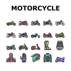 Motorcycle Bike Transport Types Icons Set Vector. Dirtbike And Cruiser, Dual Sport Enduros And Chopper, Sportbike And Electric Motorcycle Line. Rider Jacket And Helmet Color Illustrations