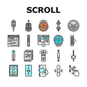 Scroll Computer Mouse Cursor Icons Set Vector. Mobile And Web Page Scroll, Page Navigation And Screen, Button Click And Gesture Hand Line. Scrolling And Clicking Color Illustrations