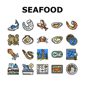 Seafood Cooked Food Dish Menu Icons Set Vector. Shrimp And Shellfish, Oyster And Fish, Crab And Scallops Delicious Seafood Line. Caviar And Octopus, Lobster And Squid Color Illustrations