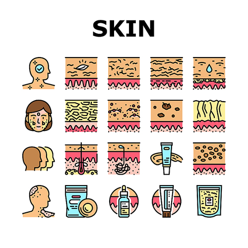 Skin Care Cosmetology And Treat Icons Set Vector. Allergy And Normal Skin Moisturizing With Cream And Patch Cosmetic Accessories Line. Colloidal Oatmeal And Sebum Color Illustrations