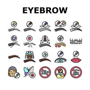 Eyebrow Tattoo Beauty Procedure Icons Set Vector. Eyebrow Tattoo And Correction, Nano And Ombre Brows Line. Prepare For Treatment And Eyeliner, Cosmetology Salon Service Color Illustrations