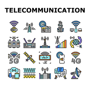 Telecommunication Technology Icons Set Vector. Telecommunication Tower And Antenna, Analog Transmitter And Connection Devices, Internet Network For Broadcasting Line. Color Illustrations