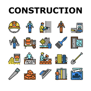 Construction Building And Repair Icons Set Vector. Ladder And Elevator Equipment, Brick And Cement For Build Construction Line. Engineer Project Blueprint And Tool Color Illustrations
