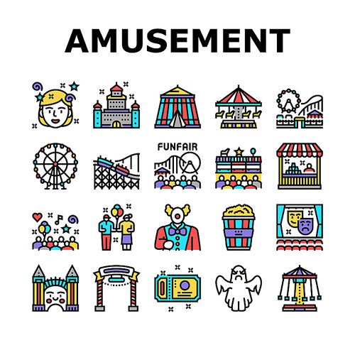 Amusement Park Entertainment Icons Set Vector. Amusement Park Rollercoaster Attraction And Swing Carousel, Circus Clown Spectacle And Festival Line. Popcorn Food And Ticket Color Illustrations