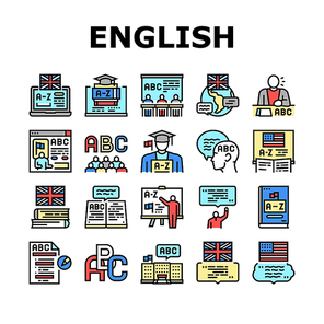 English Language Learn At School Icons Set Vector. British And American English Student Learning In College, University Or Online Course Line. Dictionary And Alphabet Abc Color Illustrations