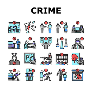 Crime Bandit Illegal Actions Icons Set Vector. Criminal Attempt And Conspiracy, Traffic Offense And Sharing Intimate Images Without Consent, Sex Crime And Kidnapping Line. Color Illustrations