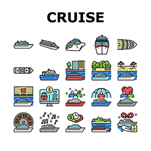 Cruise Ship Vacation Enjoyment Icons Set Vector. Cruise Casino And Music Themed, Liner Transport For Voyage On River And In Ocean, Tropical And Caribbean Marine Trip Line. Color Illustrations