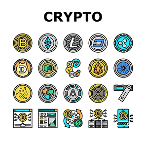 Cryptocurrency Digital Money Icons Set Vector. Bitcoin And Litecoin, Aion And Iota Cryptocurrency Line. Mining Eos And Ethereum Electronic Devices Color Illustrations