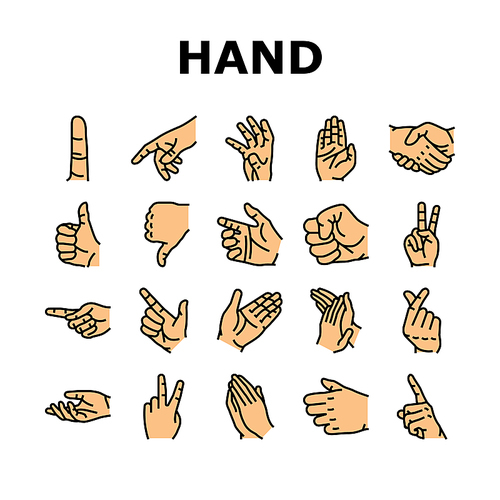 Hand Gesture And Gesticulate Icons Set Vector. Attention And Pointer Hand Gesture, Thumb Up And Down, Touch With Finger And Handshake, Gesturing Love And Peace Line. Color Illustrations