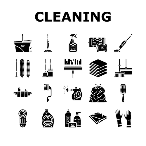 Cleaning And Washing Accessories Icons Set Vector. Vacuum Cleaner And Clothes Cleaning Electronic Equipment, Scoop And Broom, Napkin And Towel For Clean Window Glyph Pictograms Black Illustrations